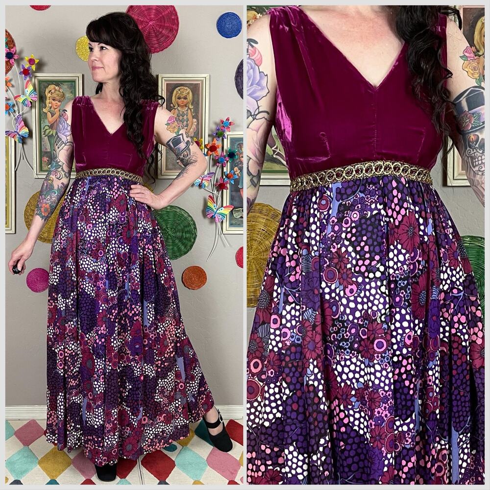 Vintage 1970s Purple Velvet Floral Wide Leg Palazzo Jumpsuit